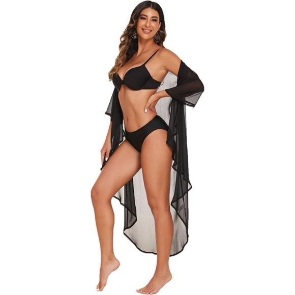 WOMENS Swimsuit Bikini Cover Up Chiffon Black 2 - Picture 4 of 6